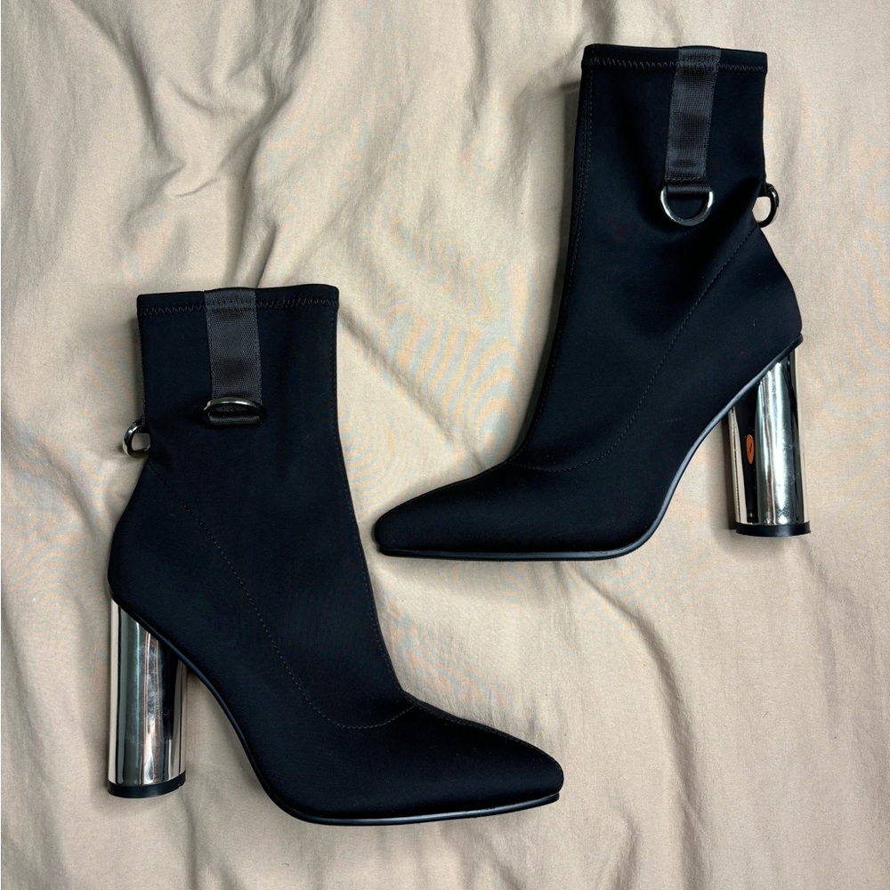 Dolls Kill Black Sock Ankle Boots with Silver Mirror Cylinder Heels